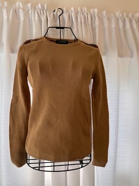 Ralph Lauren Camel Ribbed Crewneck Sweater with Shoulder Tabs